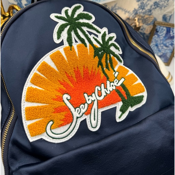 🆕 SEE BY CHLOE 🧿 NWT Blue Satin Palm Trees Decal Backpack - Picture 8 of 16